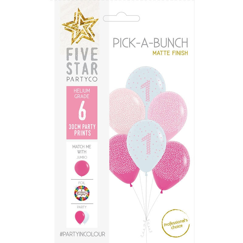 PICK-A-BUNCH 1st Birthday Girl 30cm Pink/white 6pk