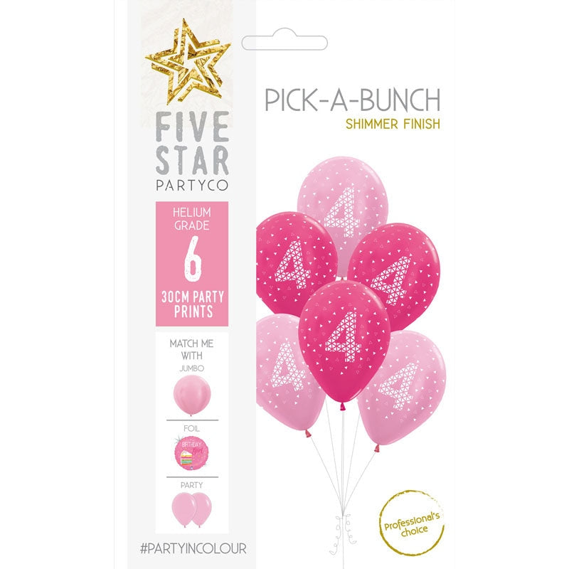 PICK-A-BUNCH 4th Birthday Girl 30cm Pink/white 6pk