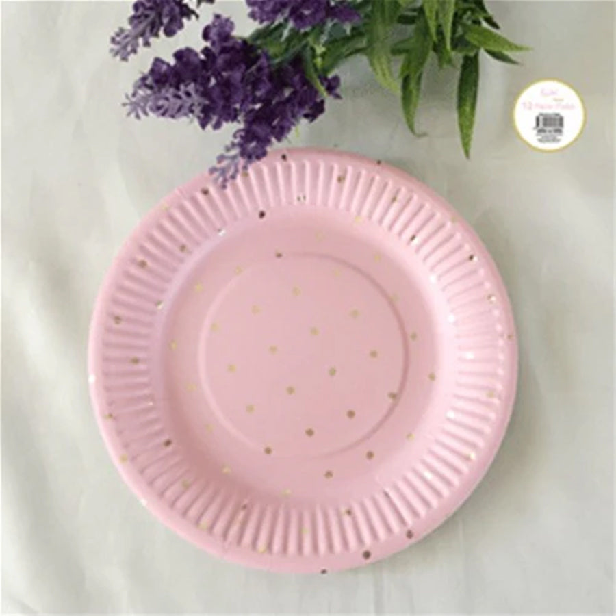 12PK 18CM PINK DOTTY PAPER PLATE WITH GOLD FOILED
