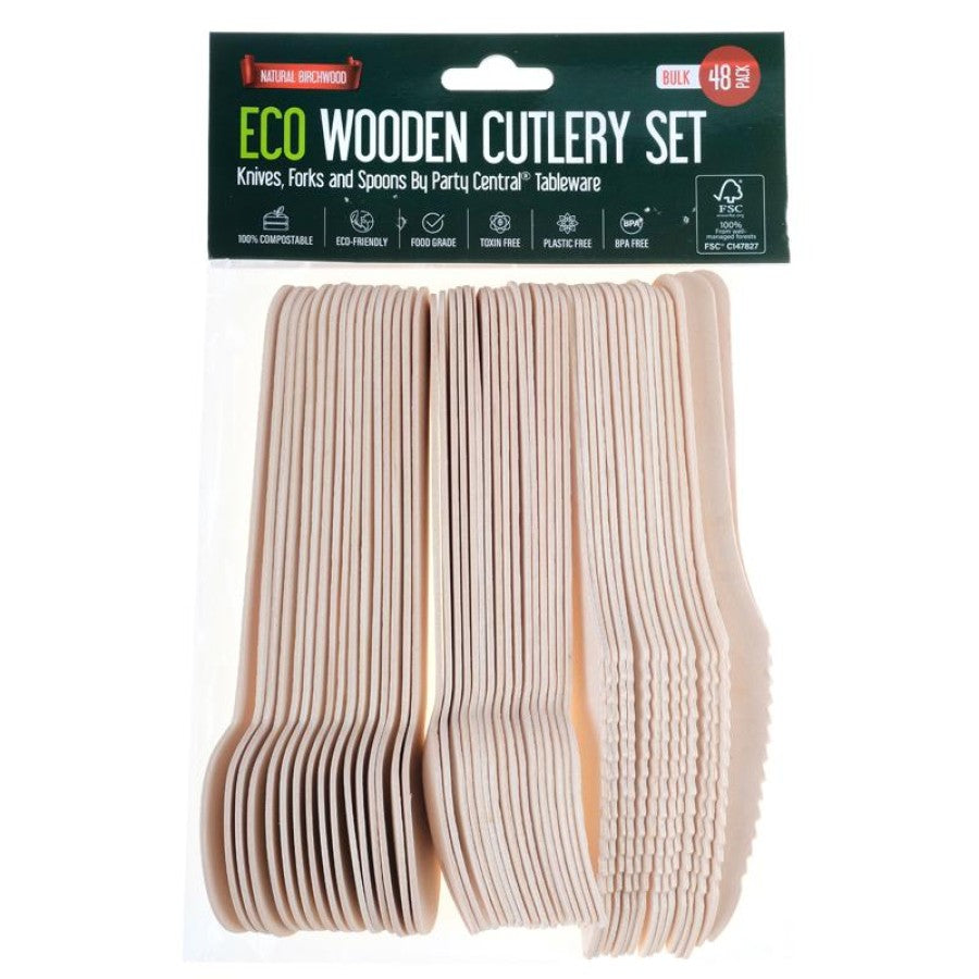 Eco-Friendly Wooden Mixed Cutlery Set - Includes Knife, Spoon, Fork - 48pk