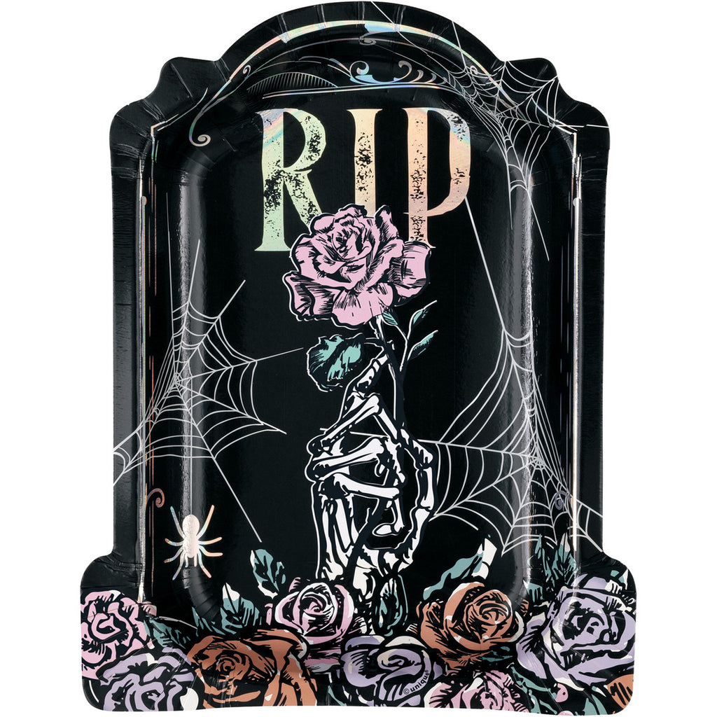Floral Skulls PK8 (9") Foil Stamped Tombstone Shaped Paper Plates