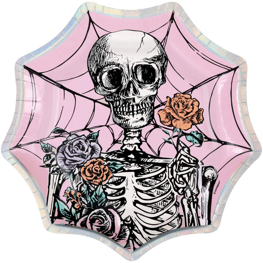 Floral Skulls 8 X 21.2cm Foil Stamped Spiderweb Shaped Paper Plates