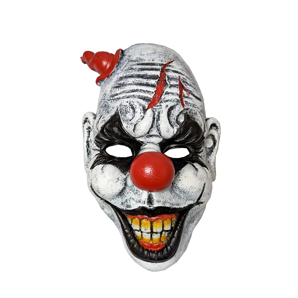 GRINNING  PU CLOWN MASK W/ RED CONE HAT   W/HEADER CARD