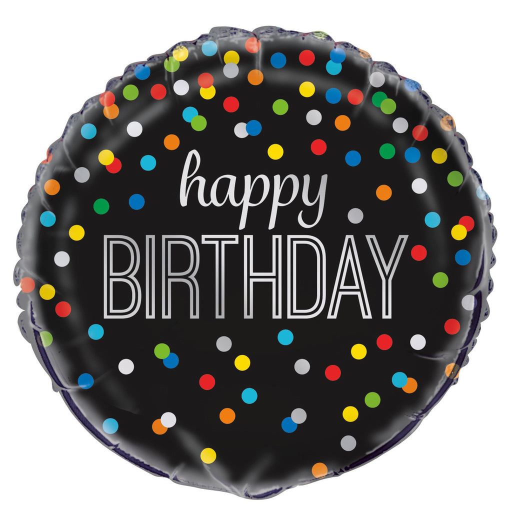 RAINBOW DOT BLACK HAPPY BIRTHDAY 45CM (18") FOIL BALLOON