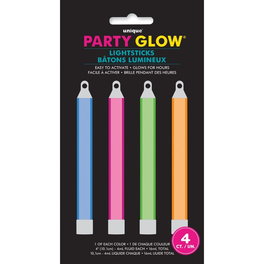 4 x 10cm(4") Glowsticks Assorted Colours
