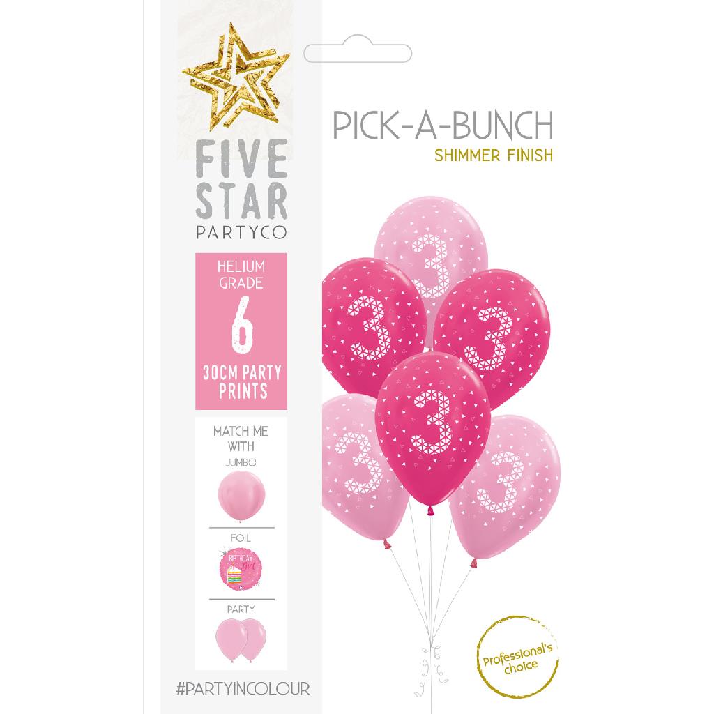 PICK-A-BUNCH 3rd Birthday Girl 30cm Pink/white 6pk