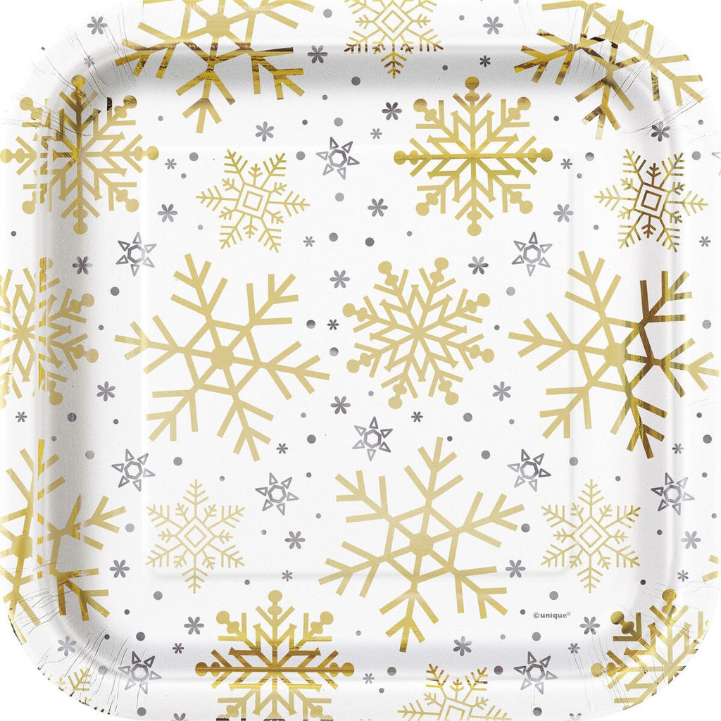 Silver & Gold Holiday Snowflakes 8 x 23cm (9") Foil Stamped Square Paper Plates