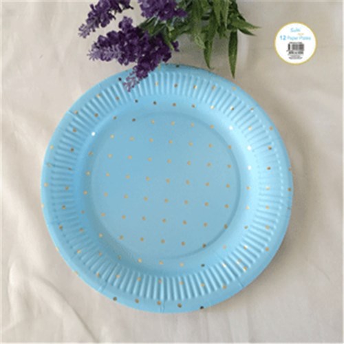 12PK 23CM BLUE DOTTY PAPER PLATE WITH GOLD FOILED