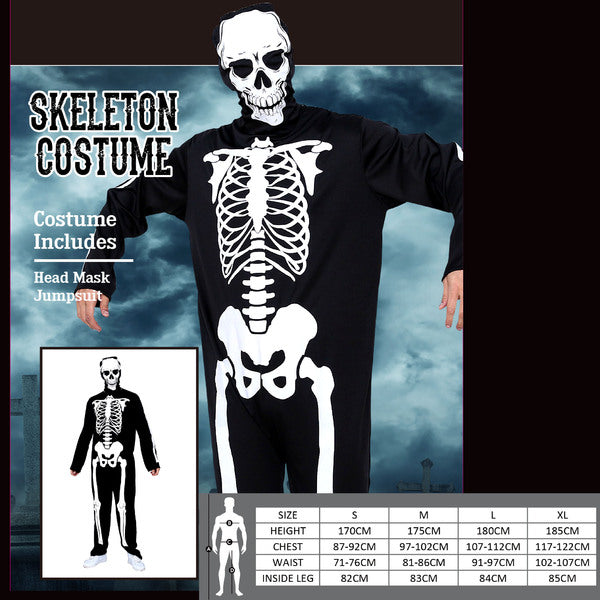 Skeleton Costume - Including Head Hood, Jumpsuit, Gloves, 2A Sizes LRG & XLG