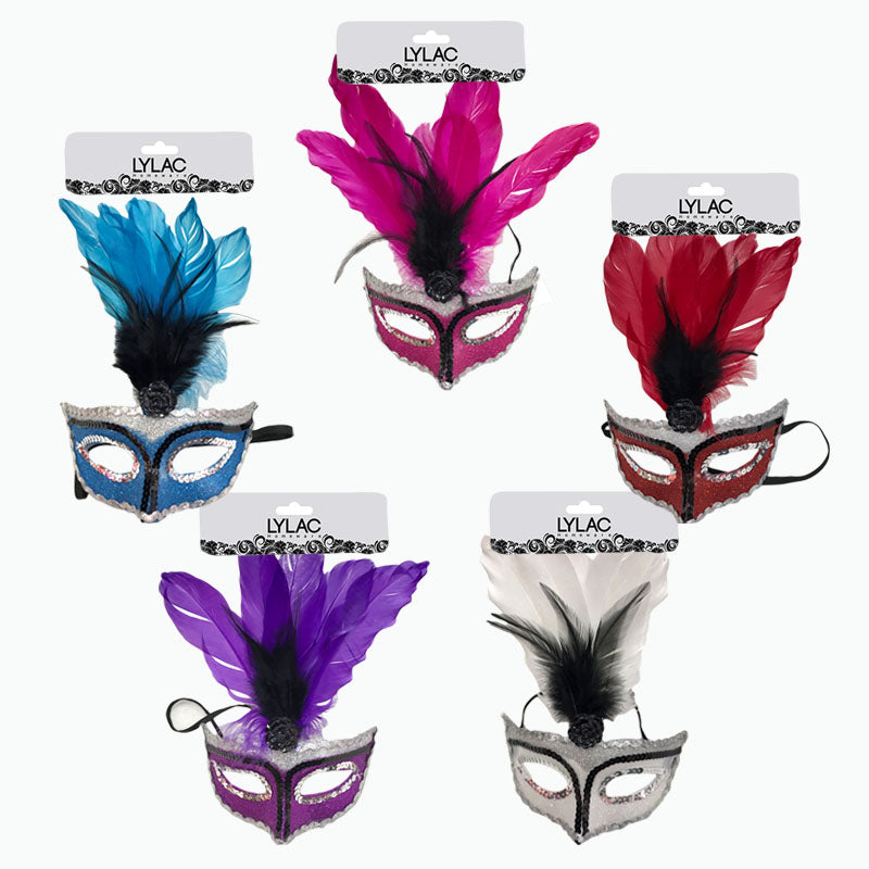 PARTY MASK SEQUINS W/FEATHERS 5COLS