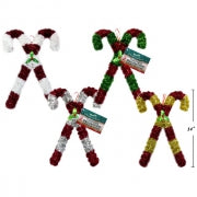 XMAS TINSEL CROSS CANDY CANE HANGING 4COLS 26.67X35.56CM