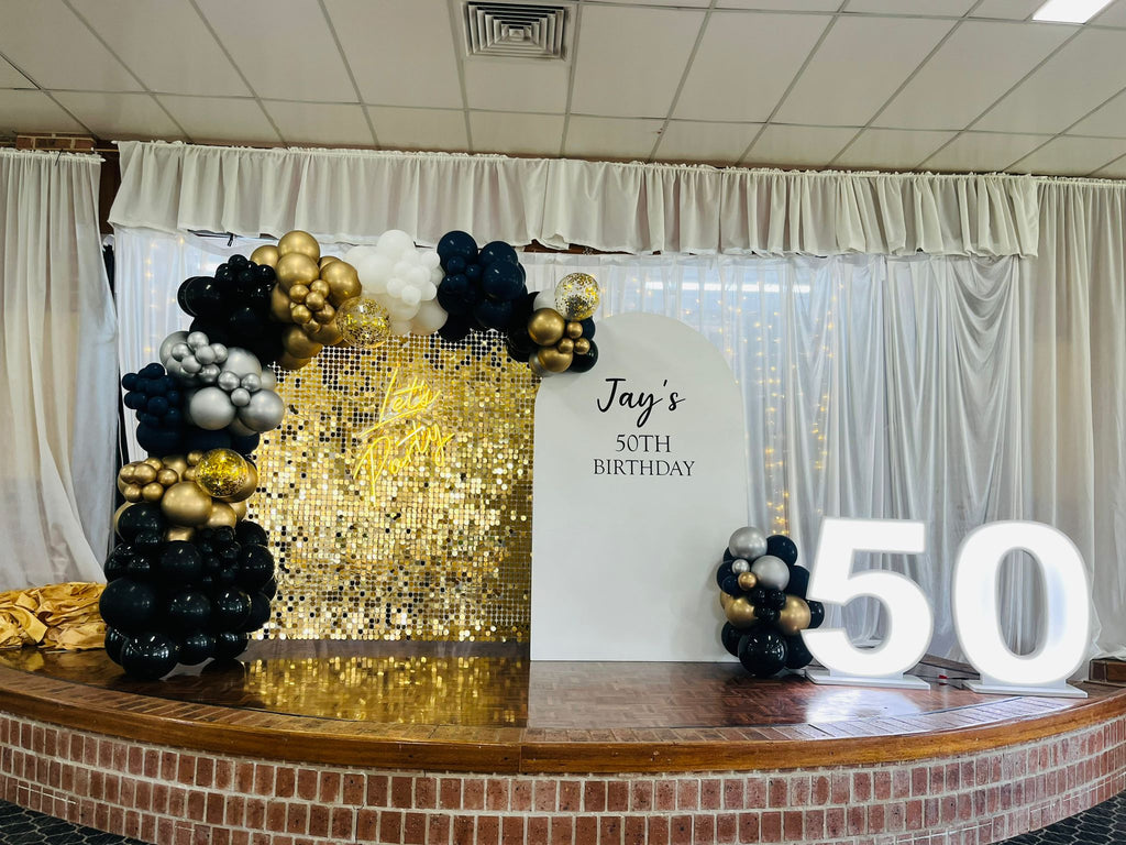 Gold Sequin wall with Garland and customized wooden White Board