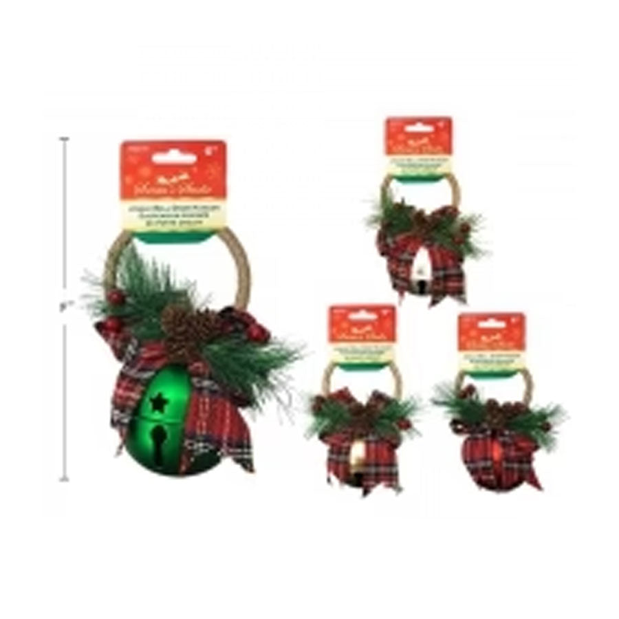 XMAS BELL DOOR HANGER 17CM W/BOW &amp; PINE/HOLLY BERRY 4COLS