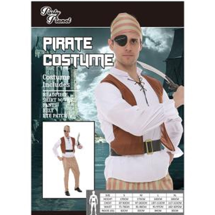 PIRATE COSTUME-MED INCLUDING HEADPIECE, SHIRT w/VEST, PANTS, BELT, EYE PATCH