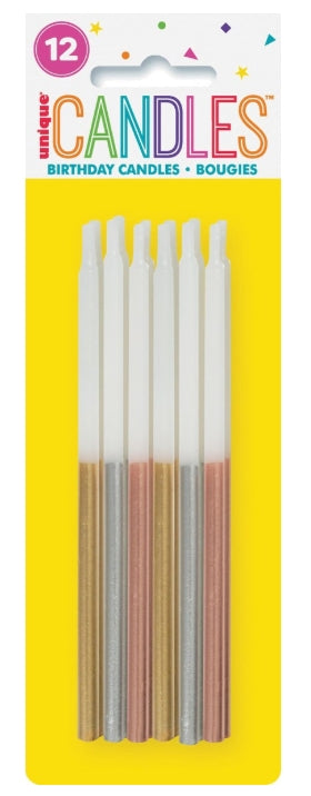 12 Metallic Dipped Candles 5"