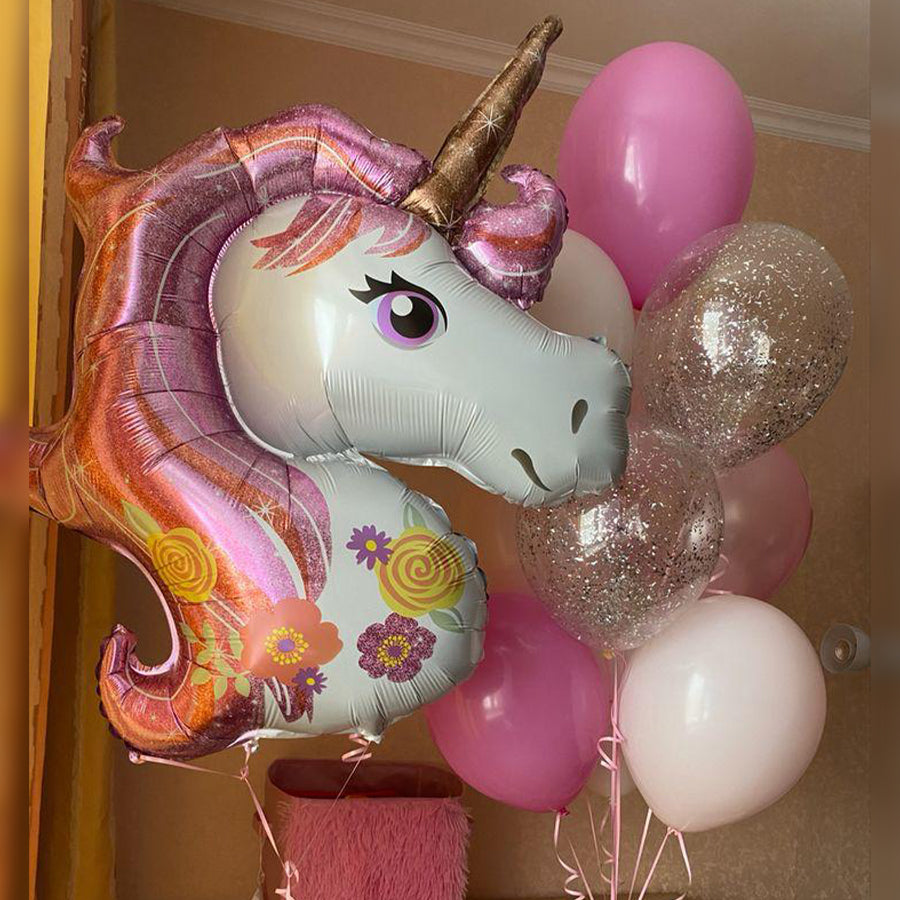 SuperShape Unicorn Head Foil with Latex and Confettii Balloons Arrangement