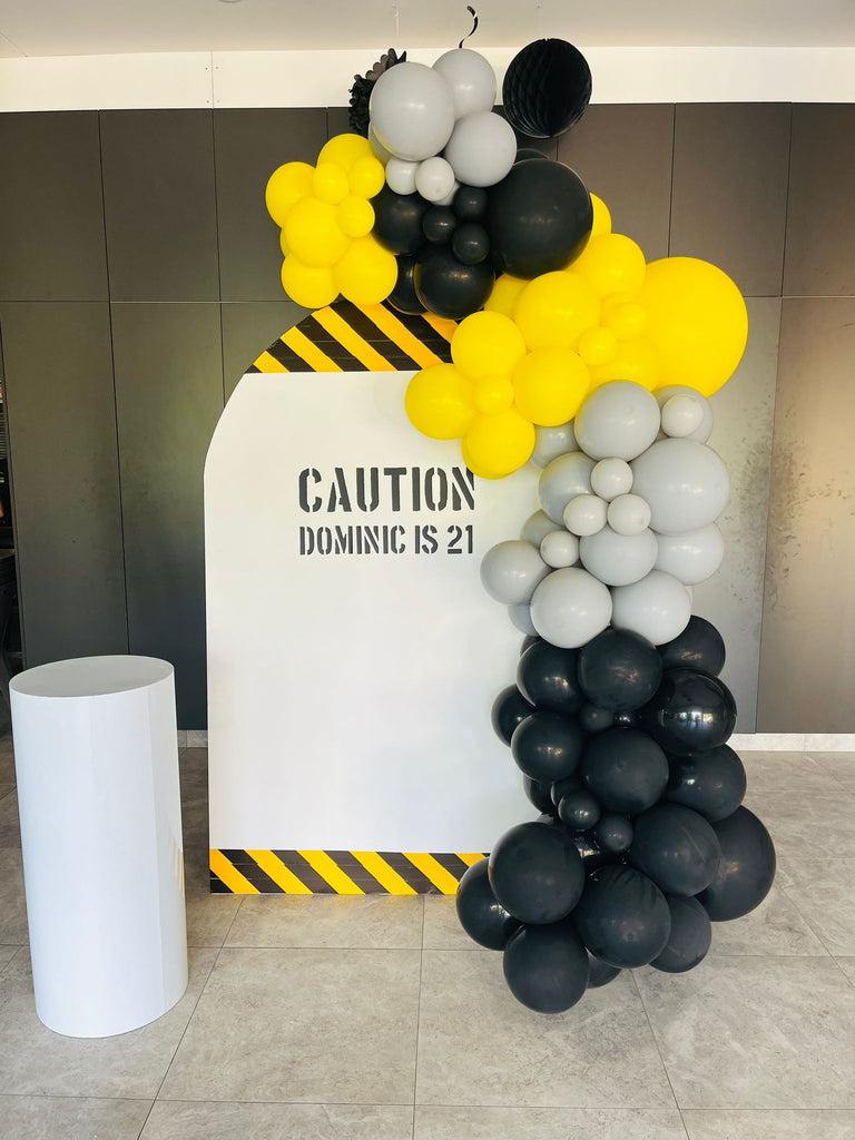 White Wooden Arch with construction themed balloon Garland and customised printing (2m)
