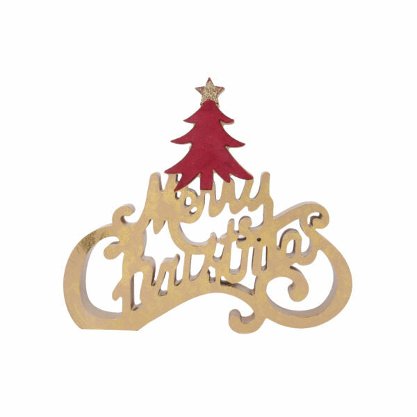 MERRY CHRISTMAS BURGUNDY/GOLD SIGN 28.5x2.5x25CM