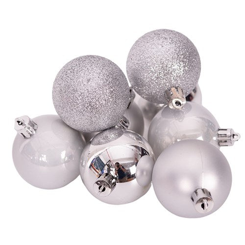 SILVER SHATTERPROOF BAUBLES 8X5CM SHINY, PEARL, GLITTER FINISH IN PVC TUBE