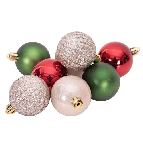 BERRY CHRISTMAS MIX SHATTERPROOF BAUBLES 8X5CM SHINY, PEARL, GLITTER FINISH IN PVC TUBE