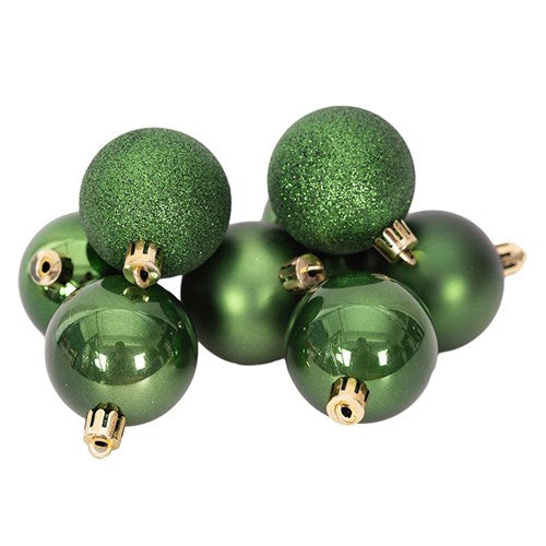 FOREST GREEN SHATTERPROOF BAUBLES 8X5CM SHINY, PEARL, GLITTER FINISH IN PVC TUBE