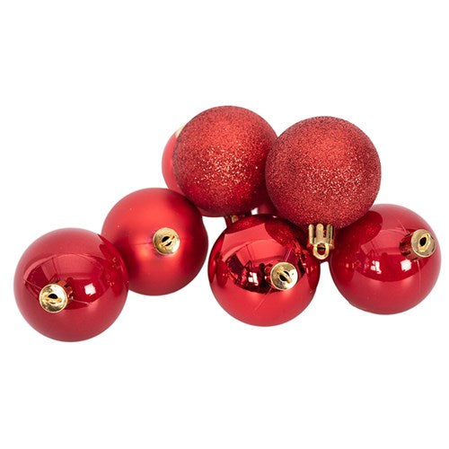 RED SHATTERPROOF BAUBLES 8X5CM SHINY, PEARL, GLITTER FINISH IN PVC TUBE