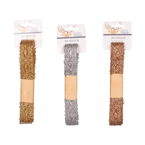 3A CHRISTMAS LACE RIBBON 2CM X 2M GOLD, SILVER, ROSE