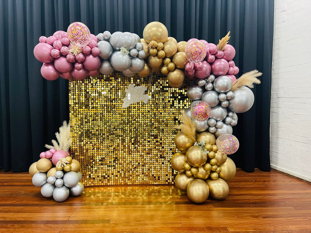 Gold Sequin Wall with Balloon Garland Backdrop and Happy Birthday light up Sign