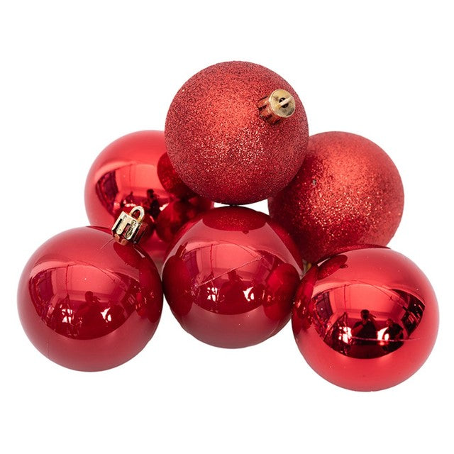 RED SHATTERPROOF BAUBLES 6X6CM SHINY, PEARL, GLITTER FINISH IN PVC TUBE