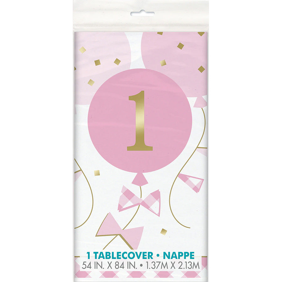 PINK GINGHAM 1ST BDAY TBLCVR 54 x 84